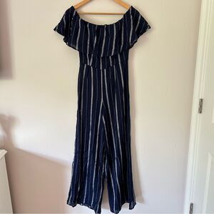 Altar’d State Navy Blue and White Stripe Ruffle Off-The-Shoulder Linen Jumpsuit
